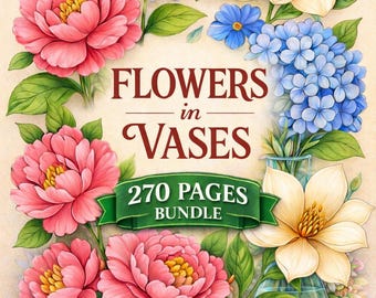 Paquete de 270 páginas de libros para colorear de botánica con flores en jarrones para adultos – Diseño floral realista / PDF imprimible