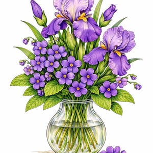 May include: A watercolor illustration of a floral arrangement in a clear glass vase. The bouquet features large purple iris flowers with yellow centers, smaller purple flowers, green leaves, and buds. The vase sits on a white surface.
