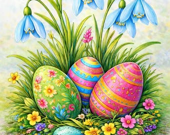 Cesta de Pascua de 35 páginas: Libro para colorear realista para adultos / PDF imprimible con motivos botánicos relajantes