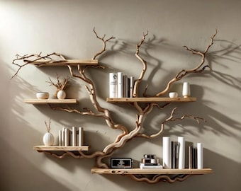 Artistic Tree Branch Wall Shelf, Modern Wooden Floating Bookshelf Decor