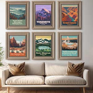 Set of 6 Posters - National Park Prints | Yosemite, Grand Canyon, Zion, Smoky Mountains, Rocky Mountain, Yellowstone