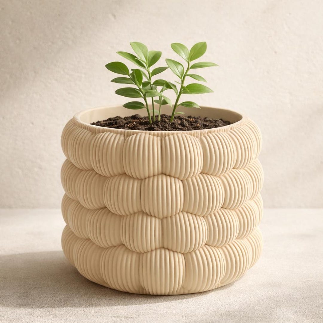Beige Textured Plant Pot – 3D Printed Sculptural Planter – Modern ...