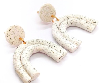 Handmade Polymer Clay White Stud Earrings with Black Splashes