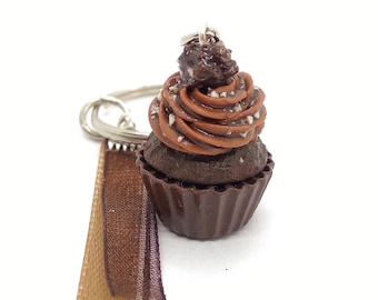 Chocolate and Hazelnut Rocher Cupcake Keychain - Handmade Gourmet Bag Charm