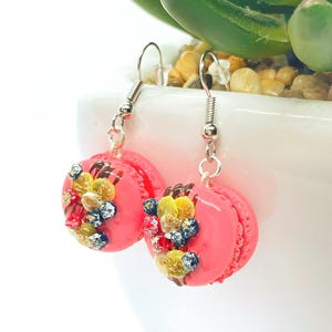 Könnte beinhalten: Ein Paar rosa Macaron-Ohrringe mit silbernen Haken. Jeder Ohrring ist mit gelben, blauen und roten floralen Akzenten verziert. Die Ohrringe werden vor einem weißen Hintergrund mit einer grünen Pflanze präsentiert.