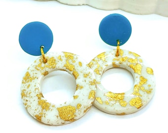 Light Round Stud Earrings Blue, White with Gold Leaf in Polymer Clay / Handmade