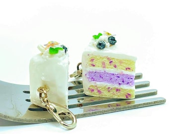 Charm - Violet, Blueberry & Banana Cake Slice in Polymer Clay / Handmade - Handmade Gourmet Bag Charm
