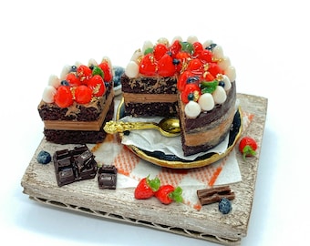 Magnet - Miniature Chocolate Cake, Strawberries, Blueberries in Polymer Clay/Handmade for Fridge OR Dollhouse 1:12