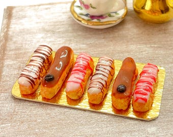 Miniatura de éclair gourmet, item alimentar realista, padaria francesa, acessório em miniatura para casa de bonecas, comida em miniatura