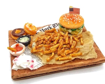 American Fast Food Magnet - Handmade Miniature Gourmet Tray - Refrigerator or Dollhouse 1:12