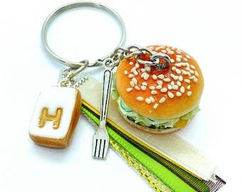 Personalized Miniature Realistic Polymer Clay Hamburger Keychain – Initial Letter Alphabet – Unique Gift