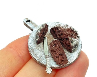 Rustic bread with board and realistic miniature knife for dollhouse, handmade decorative accessories, 1:12 scale