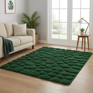 Handmade Moss Green Plush Rug: 3D Pebble Texture, Nature-Inspired