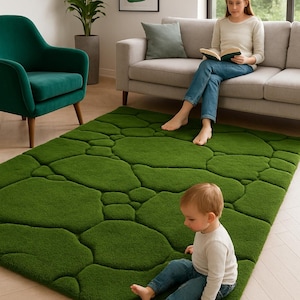 Handmade Moss Green Plush Rug: 3D Pebble Texture, Nature Inspired