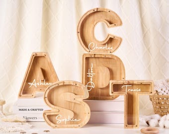Hucha de madera personalizada con letra, hucha con nombre personalizado