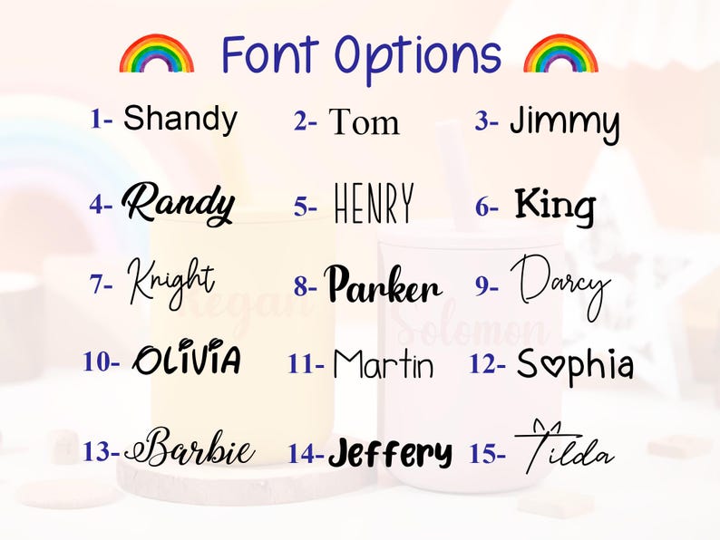 Puede incluir: Imagen que muestra opciones de fuente para personalizaci&oacute;n. El texto "Font Options" se muestra encima de una lista de 15 nombres en varias fuentes, incluyendo "Shandy", "Tom", "Jimmy" y "Randy". Dos gr&aacute;ficos de arco&iacute;ris en la parte superior.
