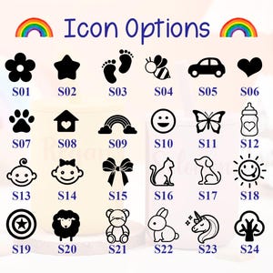 Puede incluir: Una colecci&oacute;n de iconos en blanco y negro, que incluyen una flor, una estrella, huellas de pies, una abeja, un coche, un coraz&oacute;n, una huella de pata, una casa, un arco&iacute;ris, una carita sonriente, una mariposa, un biber&oacute;n, una cara de beb&eacute;, un lazo, un gato, un perro, un sol, un escudo, una oveja, un oso de peluche, un conejo, un unicornio y un &aacute;rbol. El texto "Icon Options" se muestra encima de los iconos.