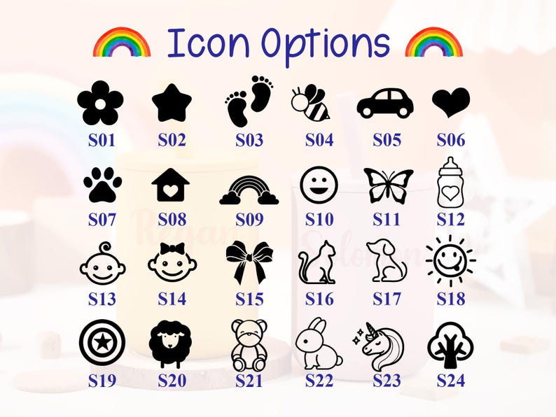 Puede incluir: Una colecci&oacute;n de iconos en blanco y negro, que incluyen una flor, una estrella, huellas de pies, una abeja, un coche, un coraz&oacute;n, una huella de pata, una casa, un arco&iacute;ris, una carita sonriente, una mariposa, un biber&oacute;n, una cara de beb&eacute;, un lazo, un gato, un perro, un sol, un escudo, una oveja, un oso de peluche, un conejo, un unicornio y un &aacute;rbol. El texto "Icon Options" se muestra encima de los iconos.