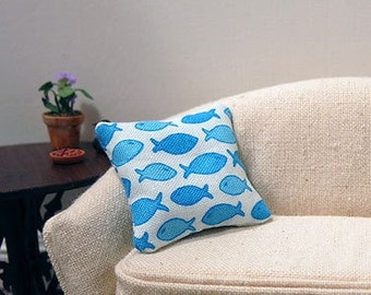 Seaside Blue Fish pillow - nautical - dollhouse miniature