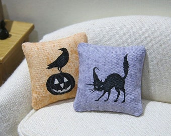 Halloween pillow - assorted styles - crow, pumpkin, black cat, grey, orange - dollhouse miniature