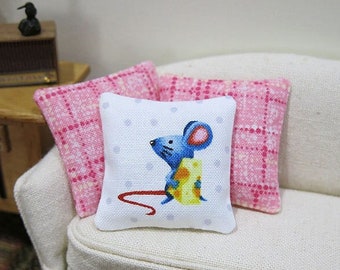 Blue mouse pillow - mice, cheese - dollhouse miniature