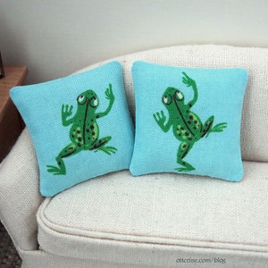 SALE: Jumping frog blue pillow - green, retro - assorted styles - dollhouse miniature