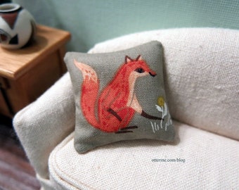 Red fox pillow - olive green - dollhouse miniature