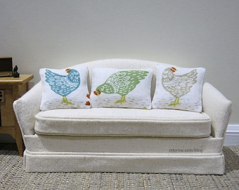 Garden hen pillow - assorted styles - chicken, bird, vintage farmhouse style - dollhouse miniature