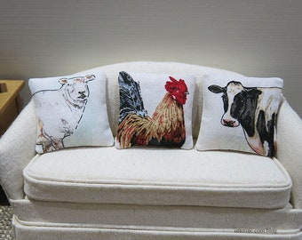 Farm animals pillow - assorted styles - sheep, lamb, cow, calf, rooster, chicken, hen - dollhouse miniature