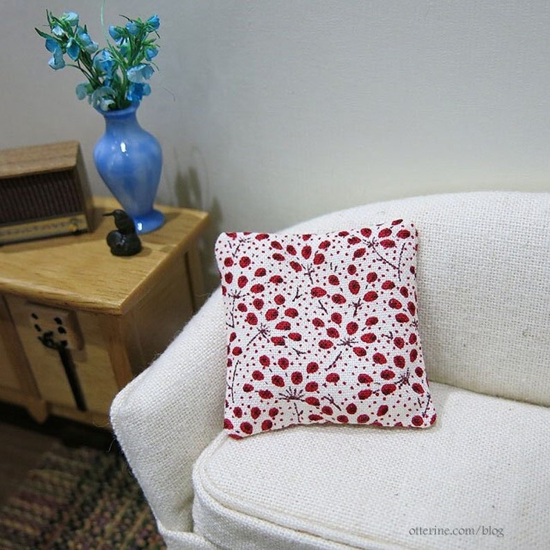 Delicate red floral spray pillow dollhouse miniature image 1