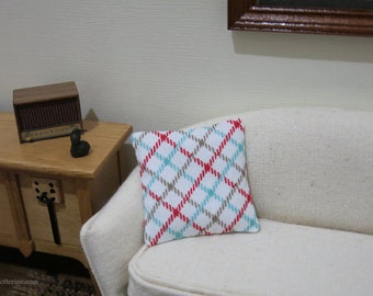 Teal, red and taupe diamond pillow - dollhouse miniature