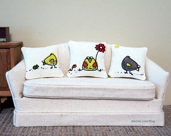 Quirky bird pillow - assorted styles - dollhouse miniature