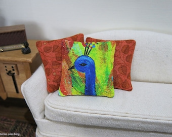 Peacock pillow - dollhouse miniature - blue, yellow, red, green, multi