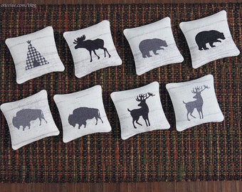 Cabin woodland pillow - assorted styles - bear, bison/buffalo, moose, deer or teepee/wigwam - dollhouse miniature
