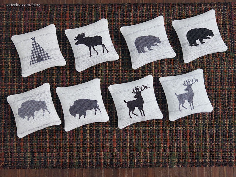 Cabin woodland pillow assorted styles bear, bison/buffalo, moose, deer or teepee/wigwam dollhouse miniature image 1