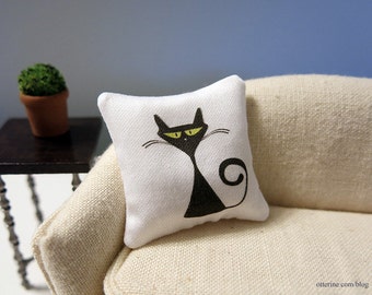 Retro black cat modern pillow - kitty, kitten - dollhouse miniature - sold individually