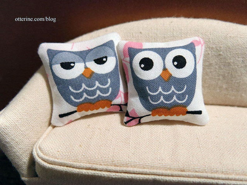 Hoot Owl Pillow grey assorted styles dollhouse miniature image 1