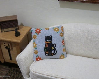 Autumn black cat on grey pillow - dollhouse miniature