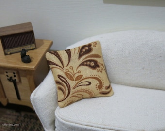Paisley flourish tan and brown pillow - dollhouse miniature