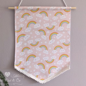 Happy Rainbow Clouds Pin Banner with Mini Pompom Trim - Made from Thrifted/Upcycled Fabric!