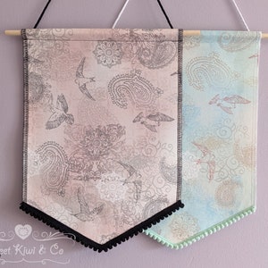 Pastel Cottage Birds Pin Banner with Mini Pompom Trim
