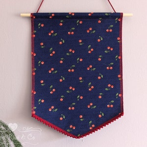 Retro Blue Cherry Pin Banner with Mini Pompom Trim