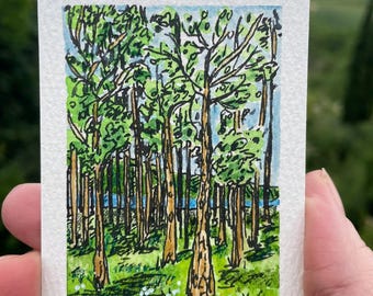 ACEO Original 3.5x2.5" Por el artista Frances Marcellin - Primavera en Saint-Ferréol, Haute-Garonne, Francia - tinta y acuarela