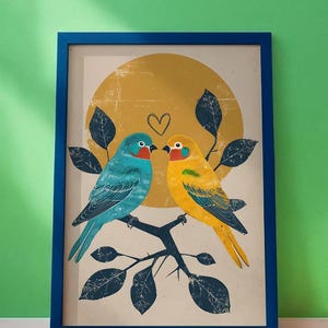 Liebesvögel Dekor - Druckbare Kunst - RomanticVintage Print - Mid-Century Style Buntes Paar Poster - Natur Illustration für Zuhause