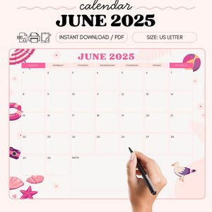 Calendario imprimible de junio de 2025 – PDF mensual decorado | Tamaño de carta de EE. UU. | Descarga instantánea