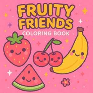 Amigos Frutales | Libro Kawaii para Colorear e Imprimir | 6 Páginas PDF | Tamaño A4 + Carta (EE. UU.) | Frutas Divertidas para Niños
