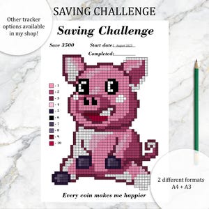 May include: A printable savings challenge sheet featuring a pixelated pink pig design. The sheet includes a grid for tracking savings, with the text "Saving Challenge" and "Every coin makes me happier". Includes A4 and A3 formats.