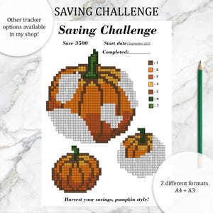 May include: A white paper with a pumpkin-themed savings challenge. The design features pixelated pumpkins in shades of orange and brown. Text includes "Saving Challenge," "Save 3500," and "Harvest your savings, pumpkin style!"