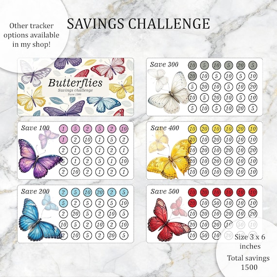 Butterflies Savings Challenge, 6 Money Saving Trackers Printable, Total Savings 1500, Size 3 x 6 inches fits A6 envelopes