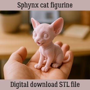 Puede incluir: Una figura de gato Sphynx rosa se sostiene en una mano. La figura tiene orejas grandes, ojos grandes y la boca ligeramente abierta. El texto "Sphynx cat figurine" y "Digital download STL file" se muestra arriba y abajo.